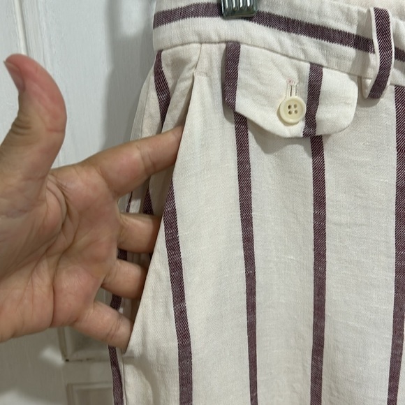 Theory Nadeema Wide Leg Striped Crop Linen Pants in Cream/Maroon Stripe - 8 - Picture 8 of 12
